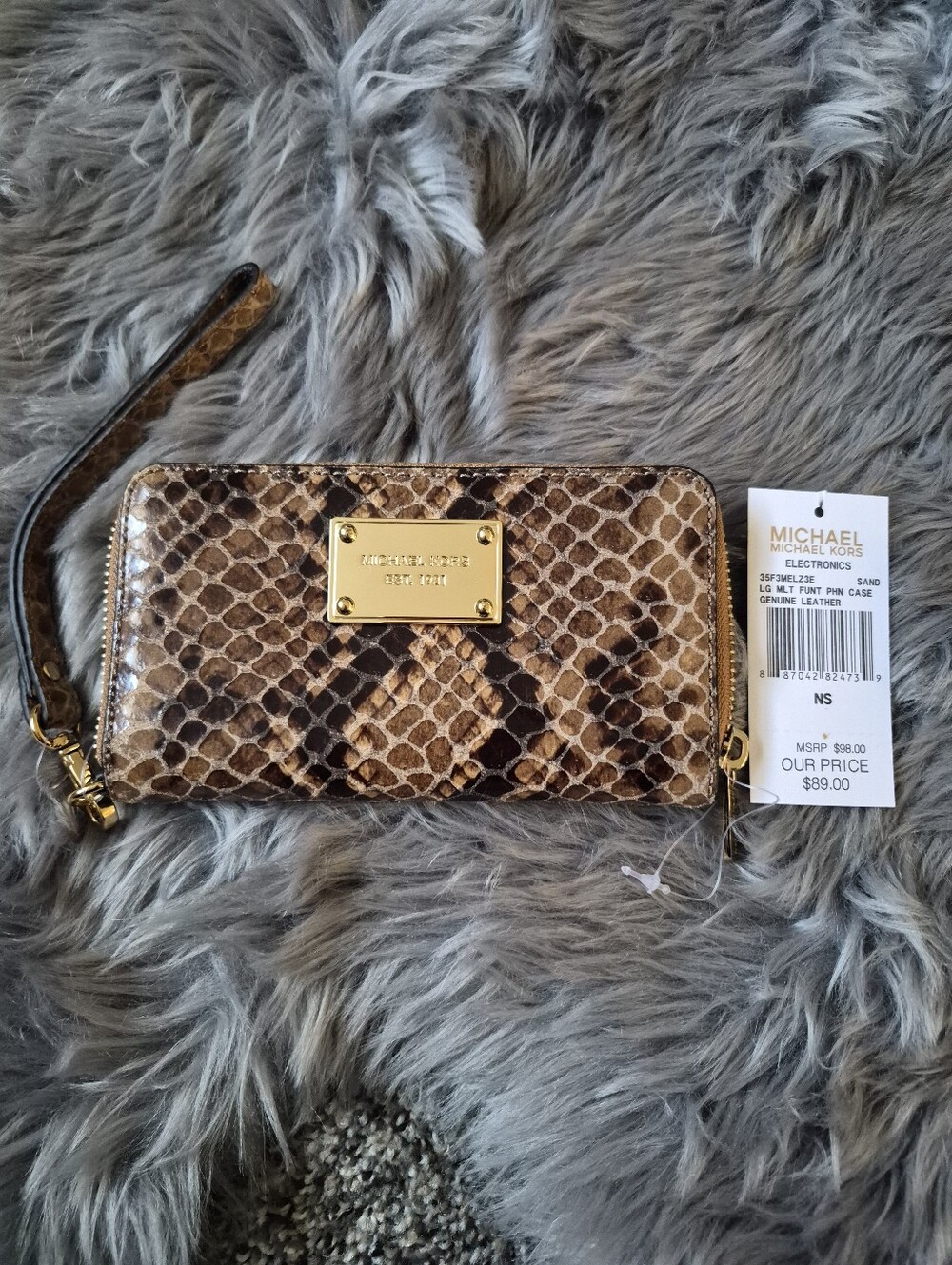 Michael Kors Brown Snake-Print Wristlet with Gold Plate